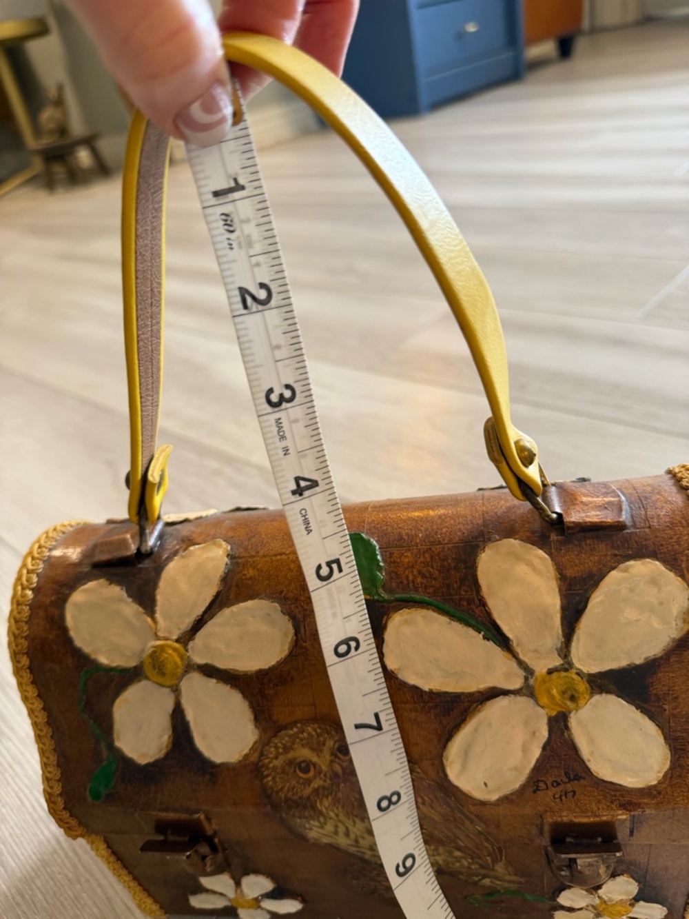 VTG Box Purse Metal Handbag Decoupaged Owl Hand Painted 3D Flowers Yellow Hippie - Picture 15 of 16